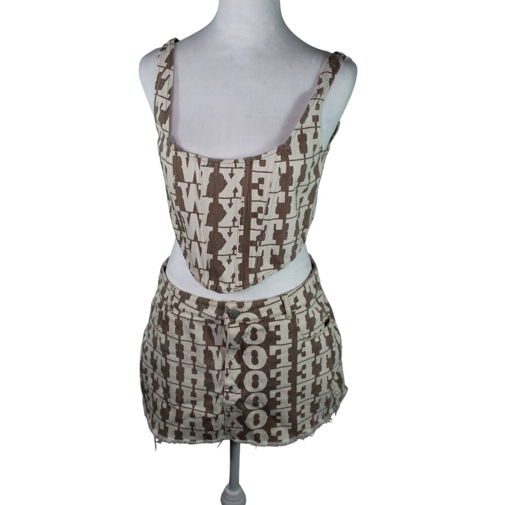 White Fox Denim Skirt and Bustier Set All Over Spellout Western Corset Top M